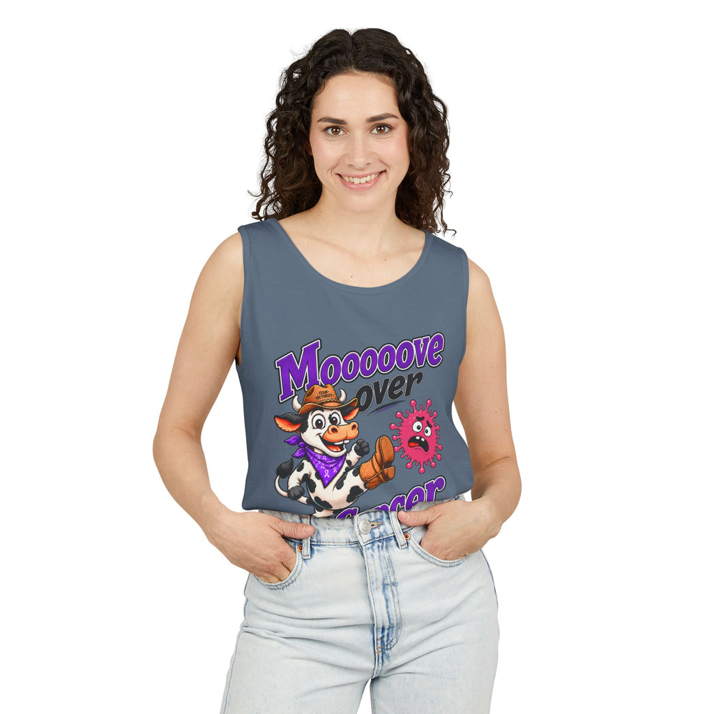 Man wearing gray-blue Moooove Over Cancer tank top with Breast Cancer awareness ribbon