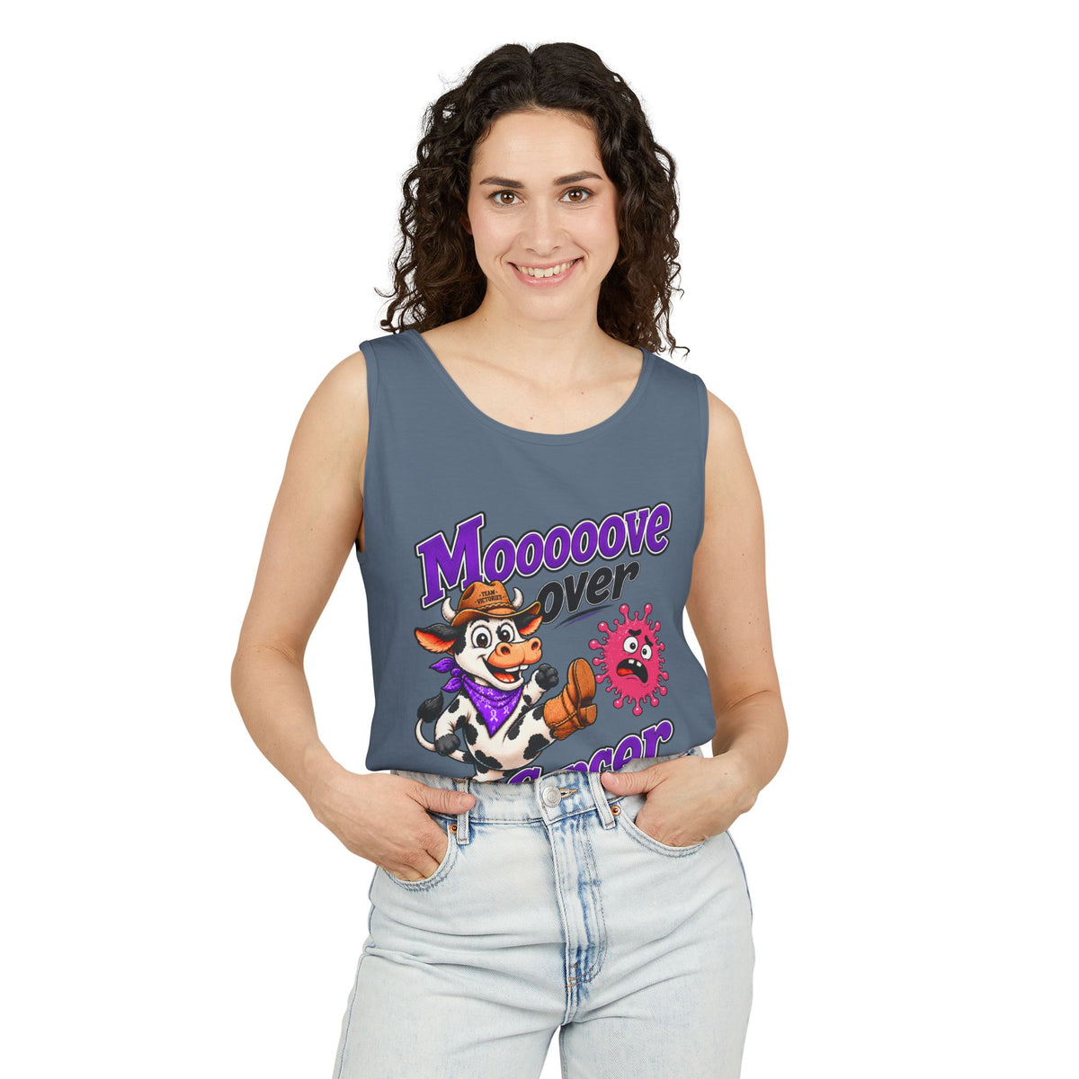Man wearing gray-blue Moooove Over Cancer tank top with Breast Cancer awareness ribbon
