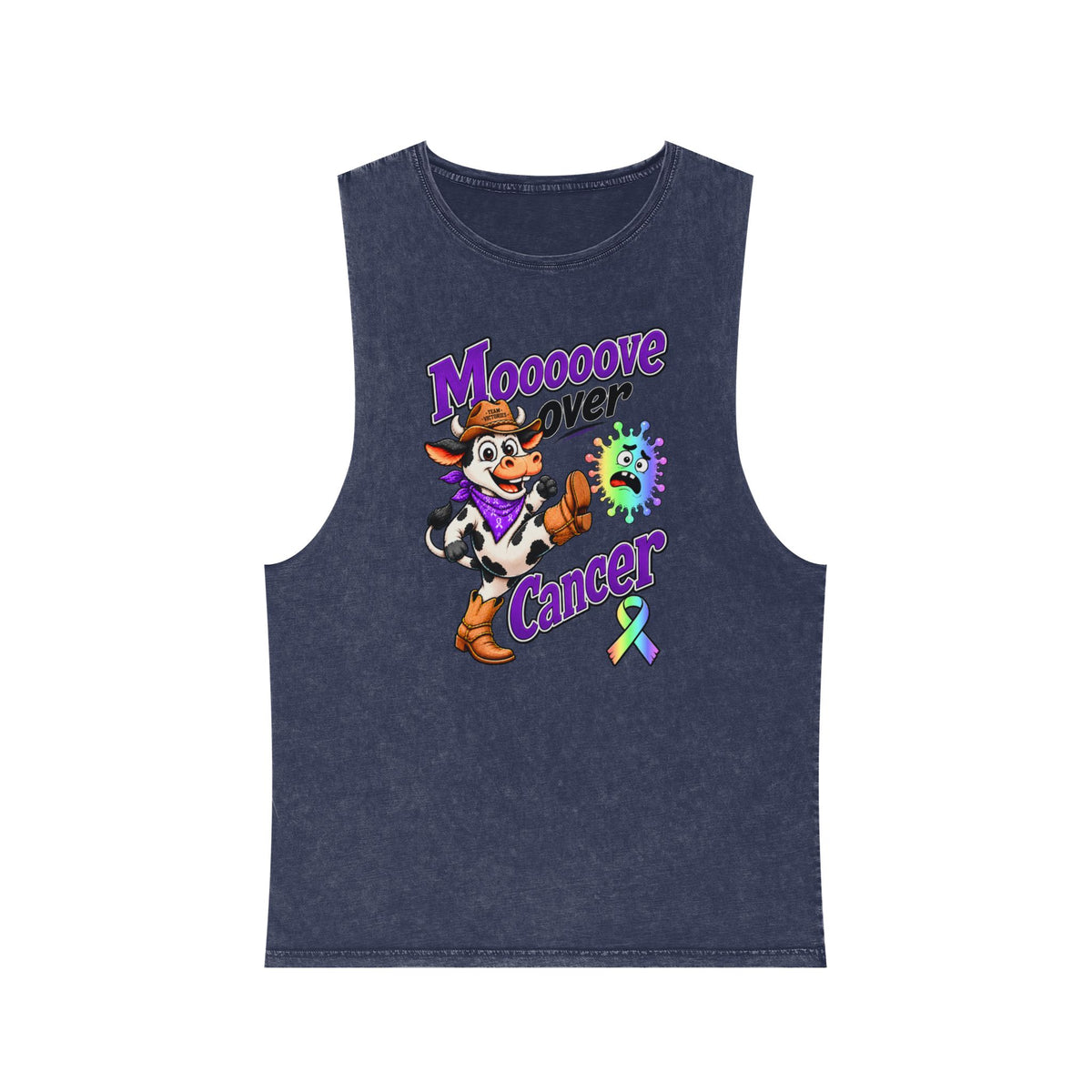 Navy stonewashed Moooove Over Cancer tank top featuring an all-cancer awareness ribbon