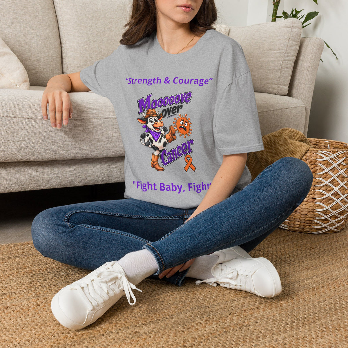 Natural speckled Moooove Over Cancer tee with Western artwork and awareness ribbon