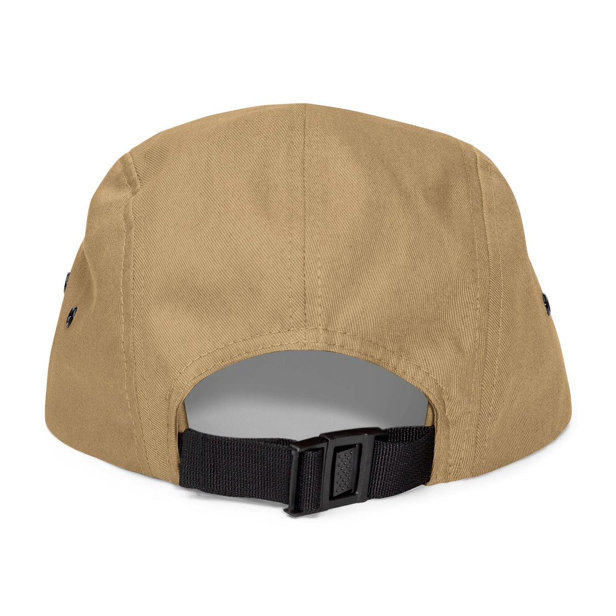 Back view of tan Moooove Over Cancer five-panel cap with adjustable strap