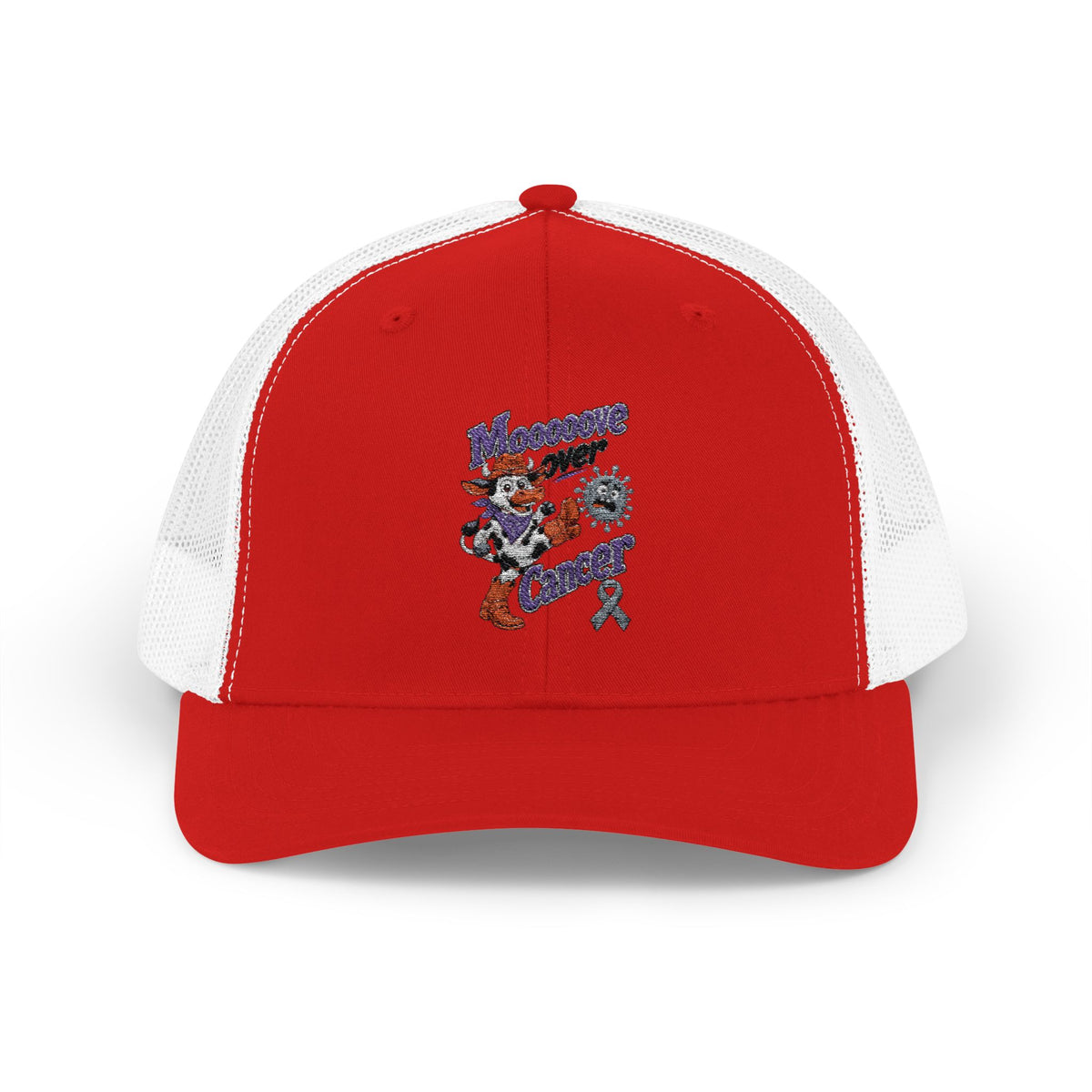 Moooove Over Cancer trucker hat back view with mesh panels and snapback closure