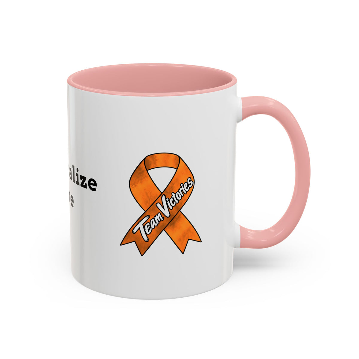 Moooove Over Cancer personalized mug with pink accents shown beside coffee and a spoon