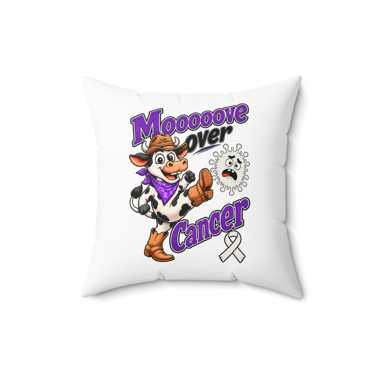 Moooove Over Cancer square pillow featuring playful cow artwork and Lung Cancer awareness ribbon