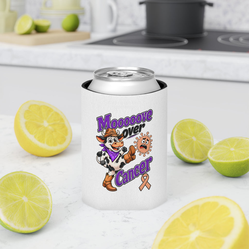 Moooove Over Cancer can cooler displayed with citrus in a kitchen