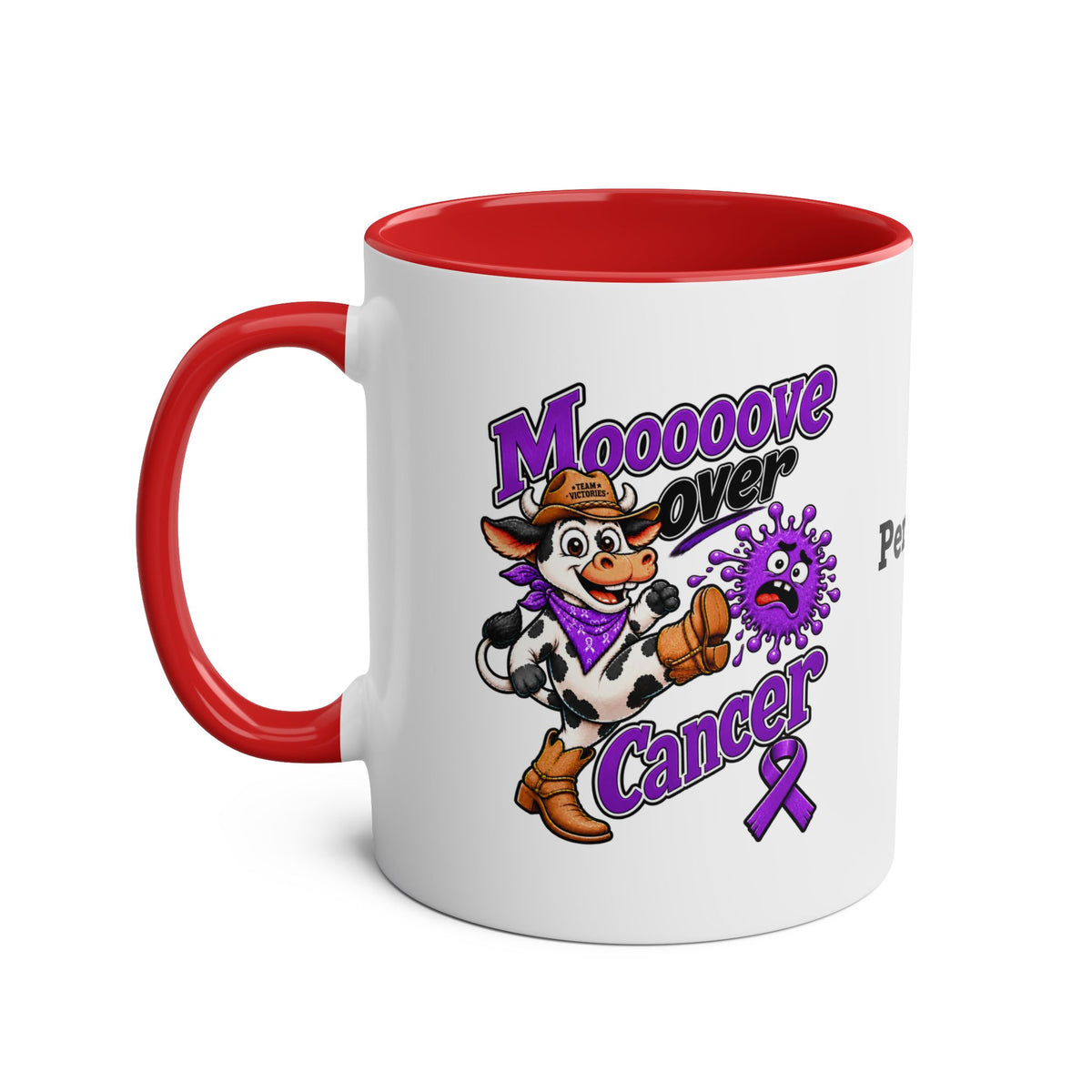 Moooove Over Cancer Team Victories mug with red interior and handle
