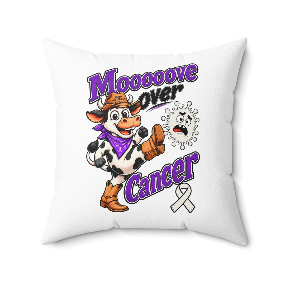 Moooove Over Cancer pillow showing colorful cowgirl artwork and Lung Cancer awareness ribbon