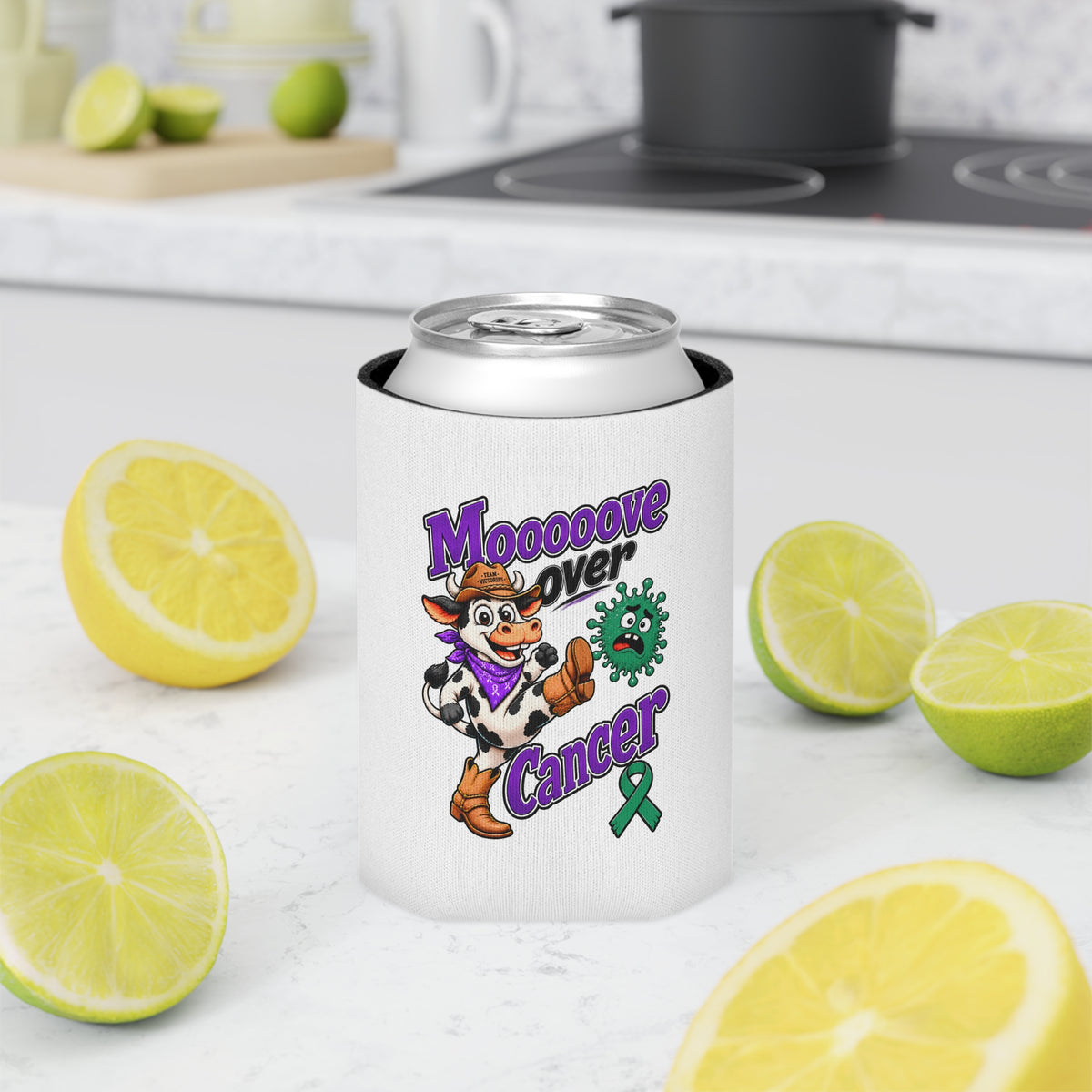 Moooove Over Cancer can cooler displayed with citrus fruit and a beverage can