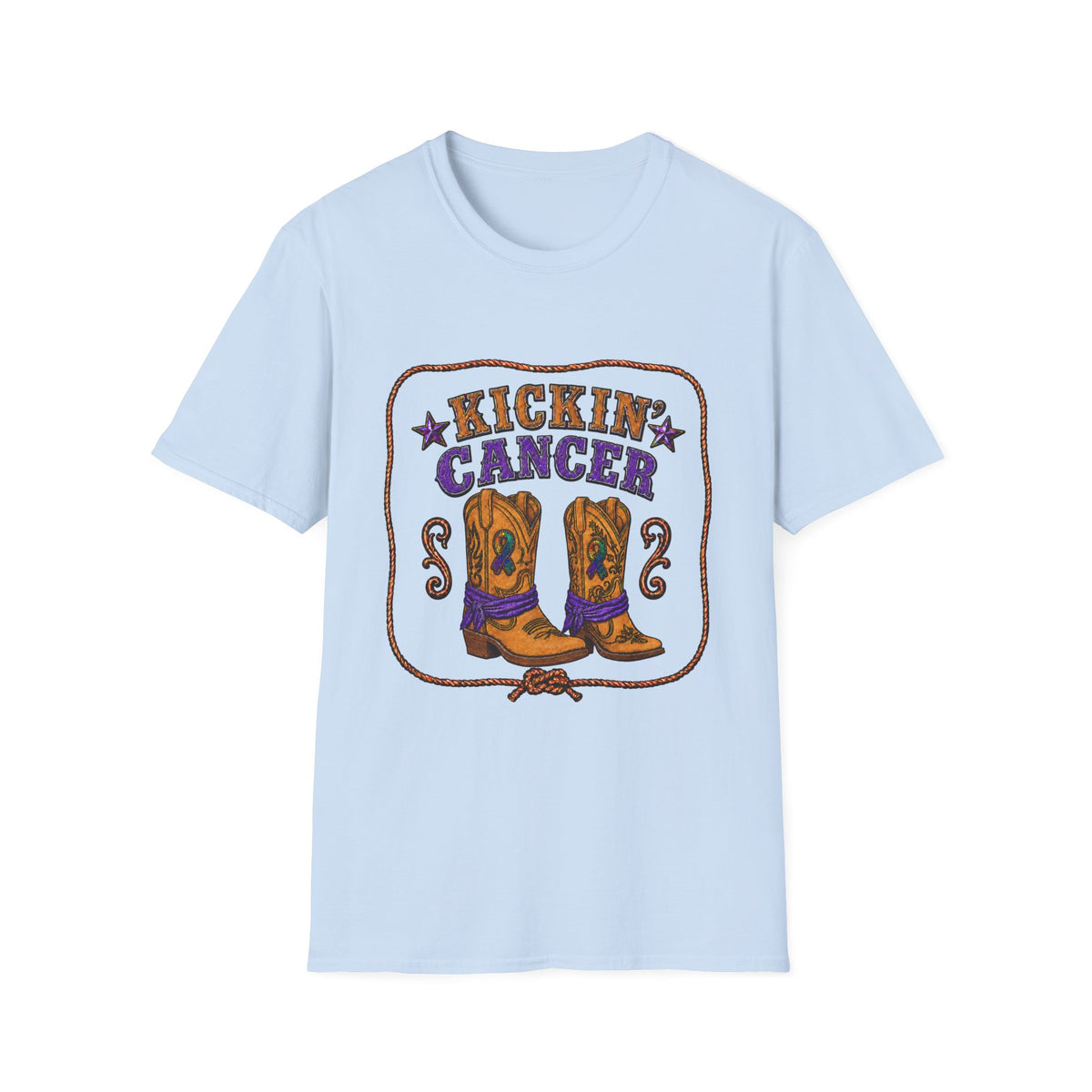 Light blue Kickin' Cancer T-shirt with vintage cowboy boot artwork