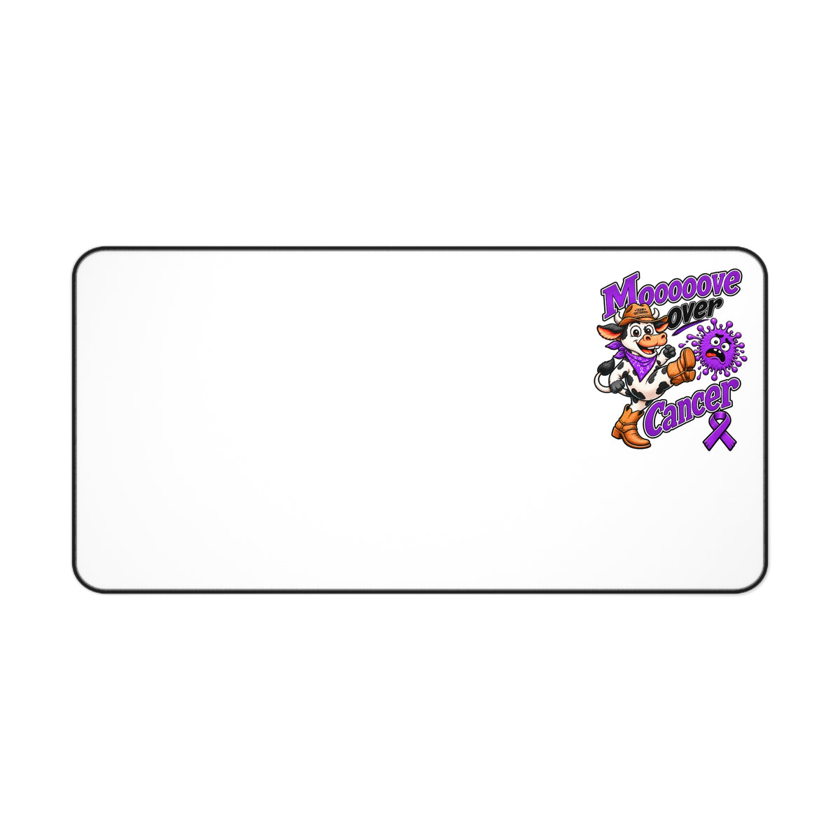 Moooove Over Cancer desk mat showing purple Pancreatic Cancer awareness ribbon artwork