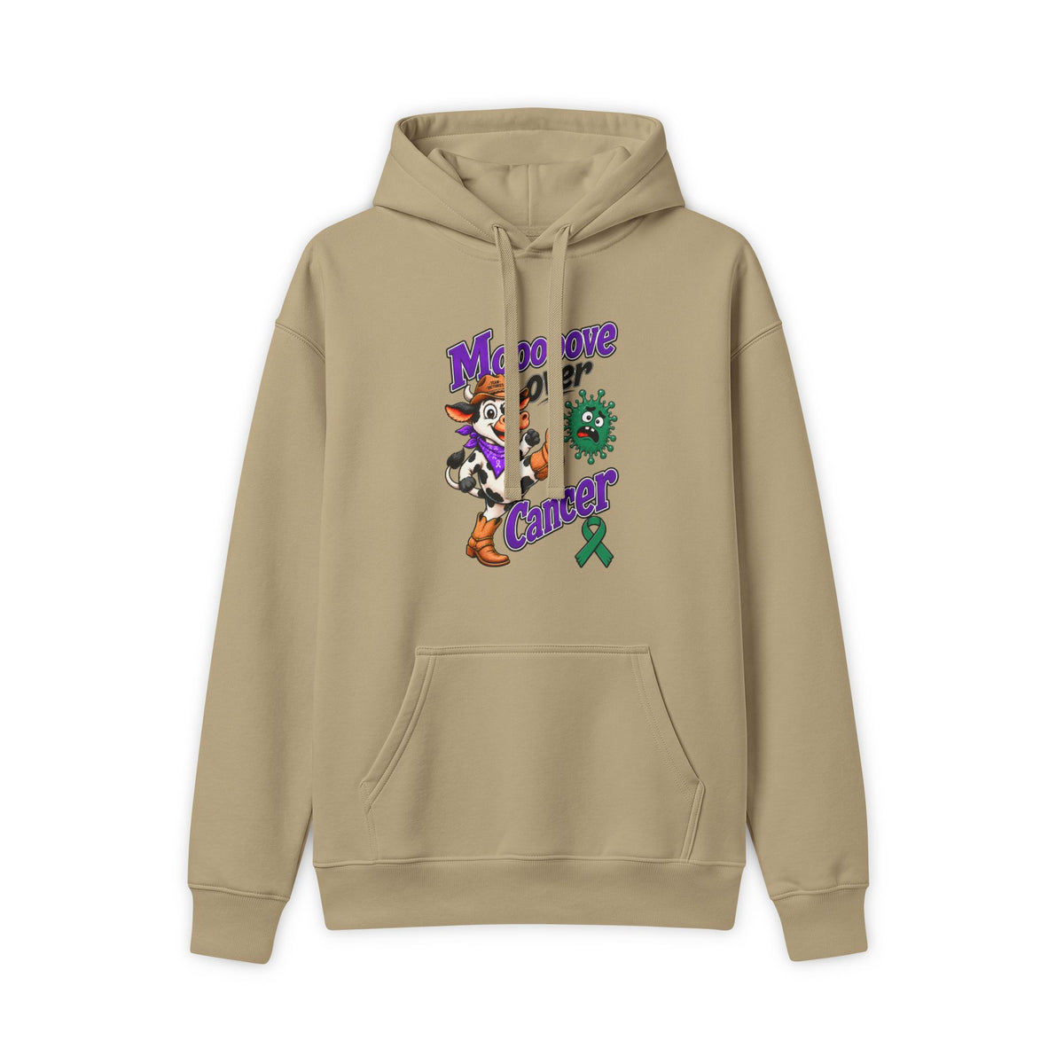 Moooove Over Cancer hoodie with green Liver Cancer awareness ribbon, front view in tan