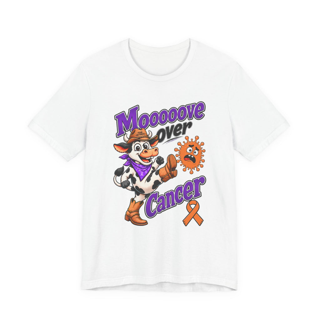 Moooove Over Cancer white crew-neck T-shirt with cow artwork and orange awareness ribbon