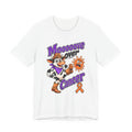 Moooove Over Cancer white crew-neck T-shirt with cow artwork and orange awareness ribbon