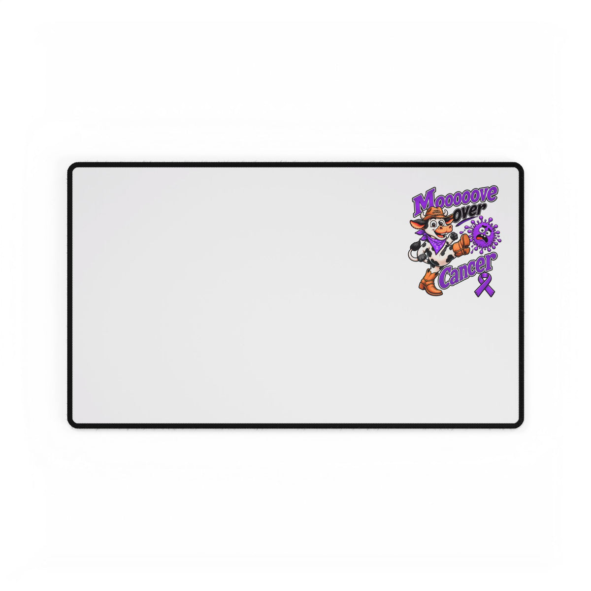 Moooove Over Cancer desk mat with colorful Pancreatic Cancer awareness ribbon design