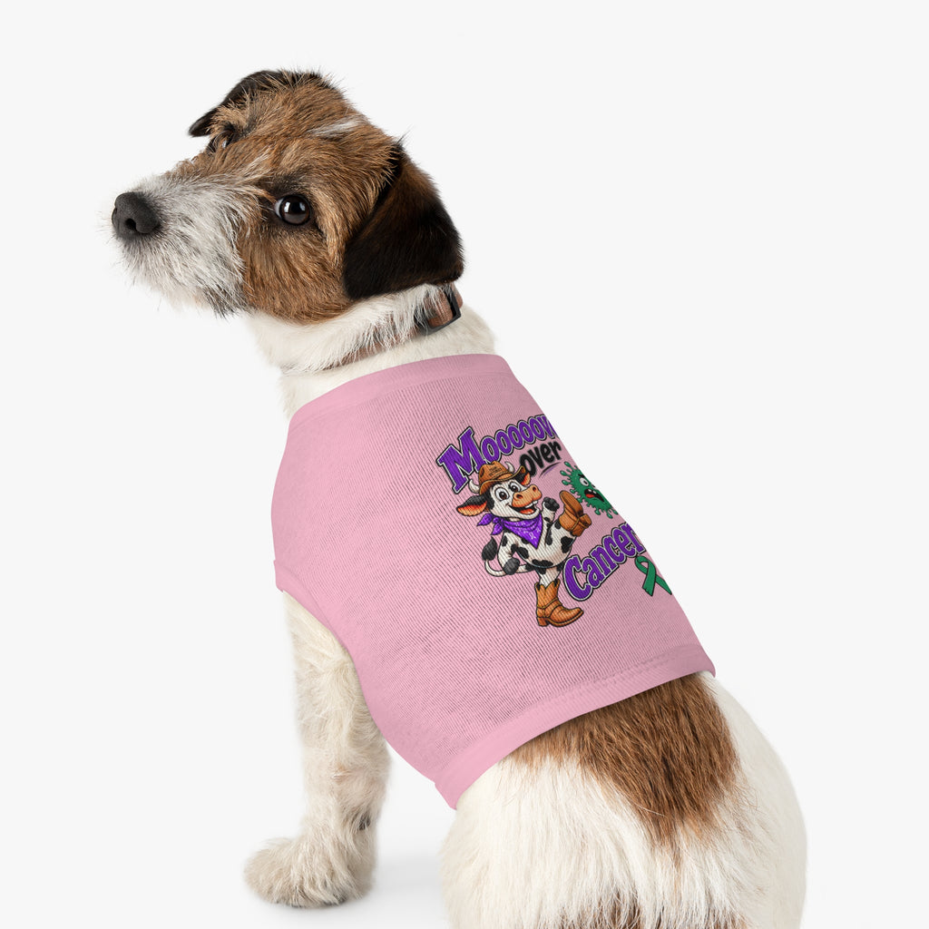 Rear view of white Moooove Over Cancer tank top fitted on a small dog