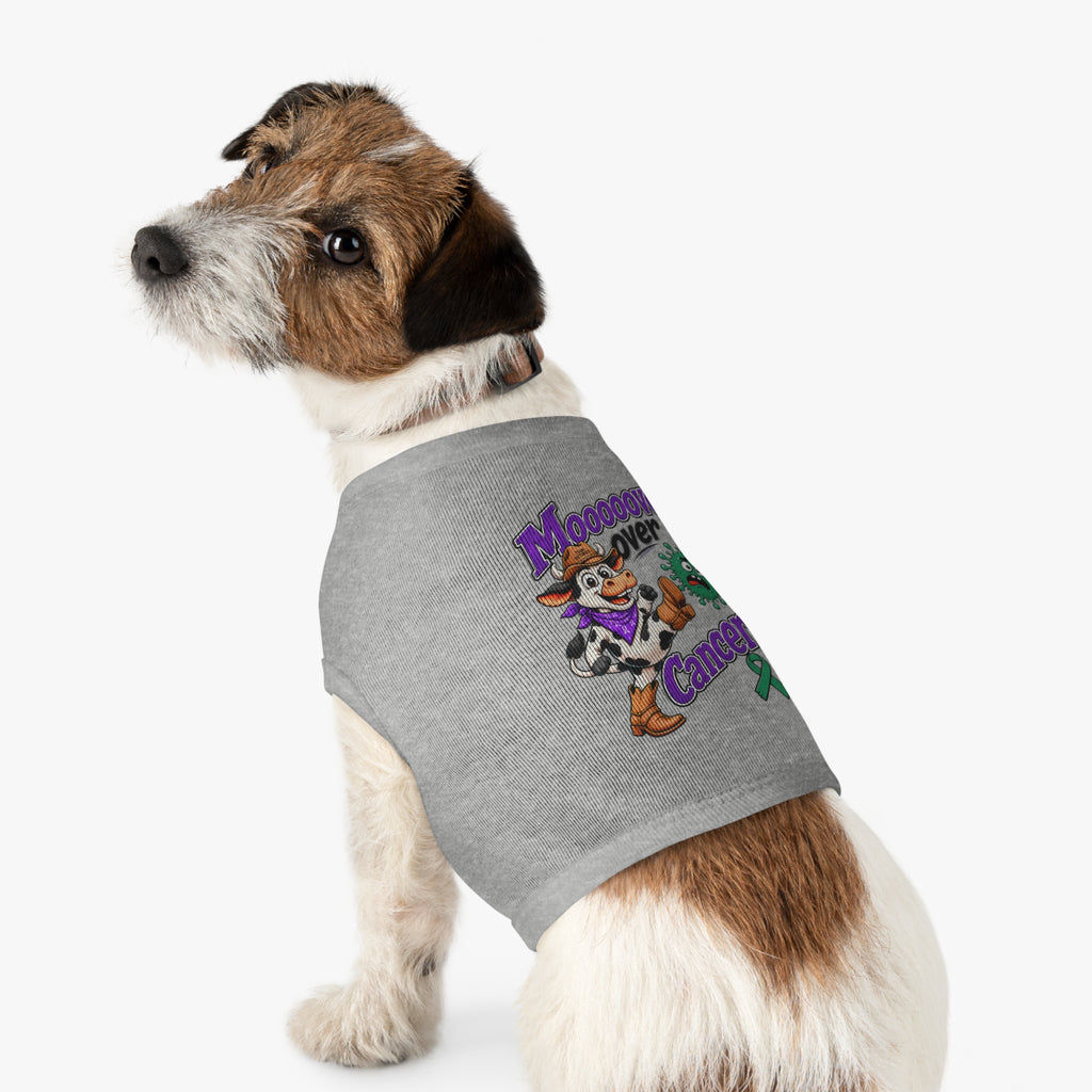 Rear view of gray Moooove Over Cancer tank top fitted on a small dog