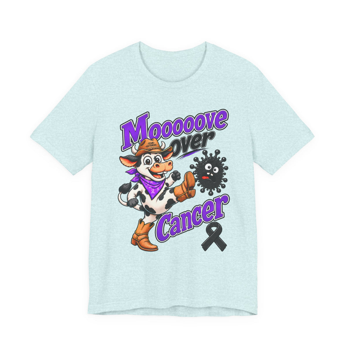 Light blue Moooove Over Cancer T-shirt with cow character and cancer message