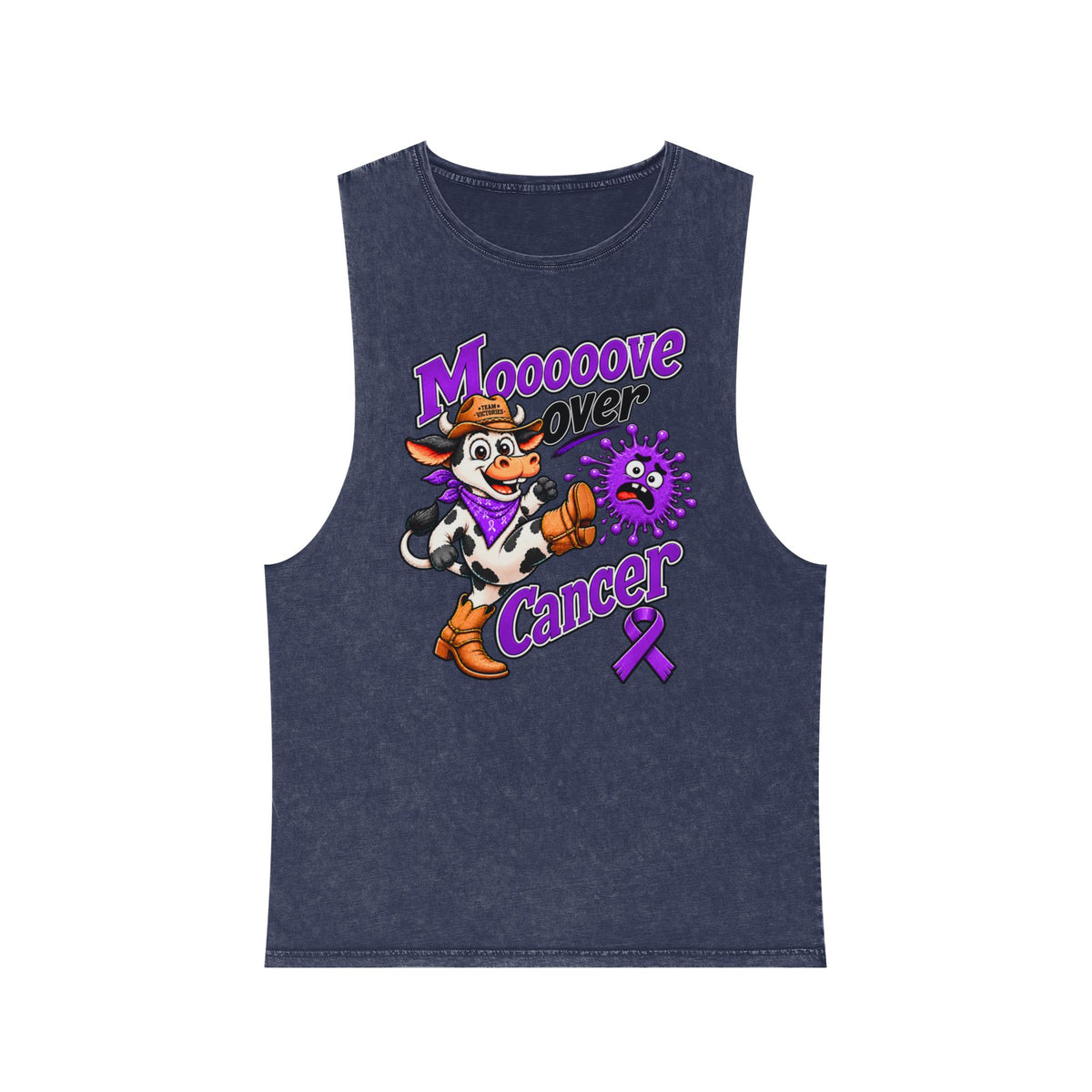 Moooove Over Cancer navy stonewashed tank top with pancreatic cancer awareness ribbon design