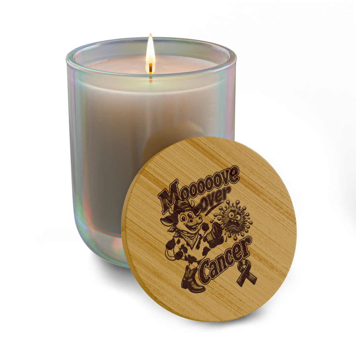 Moooove Over Cancer iridescent soy candle with Pancreatic Cancer awareness ribbon and bamboo lid