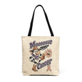 Moooove Over Cancer woven tote bag with cow artwork and awareness ribbon