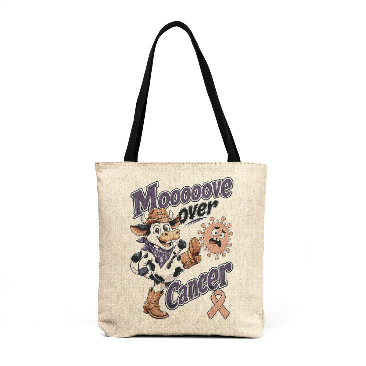Moooove Over Cancer woven tote bag with cow artwork and awareness ribbon
