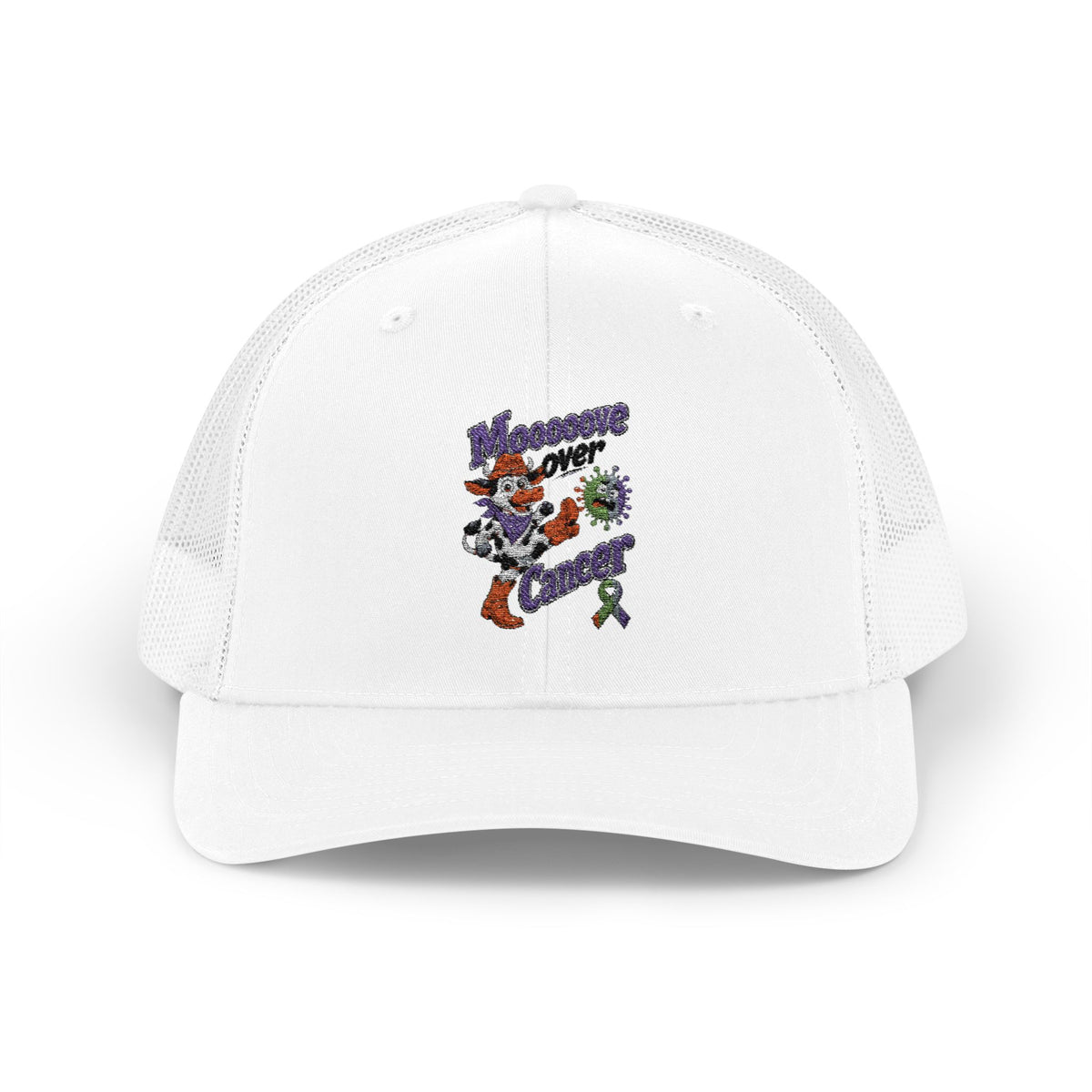 Moooove Over Cancer trucker hat modeled from the front with all-cancer awareness ribbon artwork