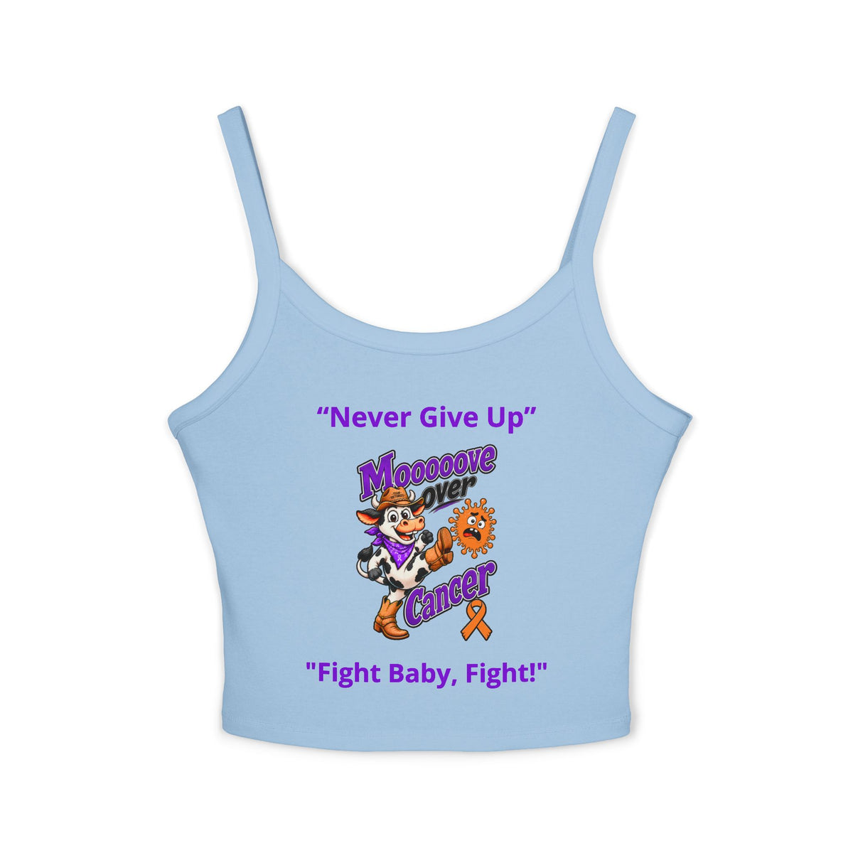 Light blue Moooove Over Cancer tank top with Never Give Up lettering and Leukemia/Kidney Cancer awareness ribbon