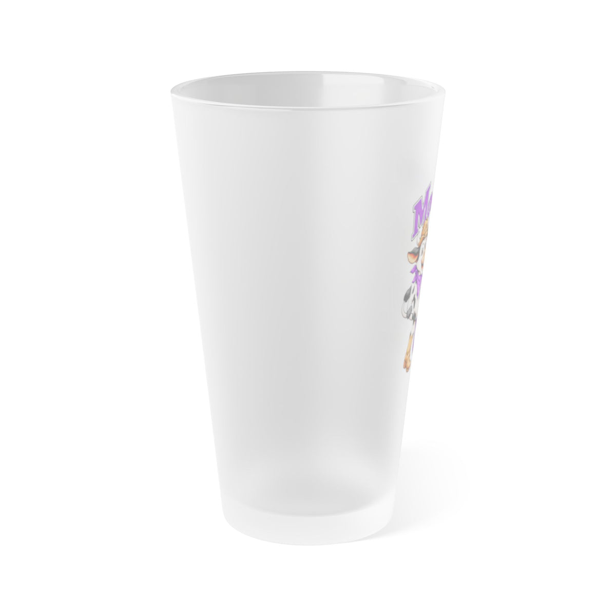 Side view of Moooove Over Cancer frosted pint glass with partial printed design