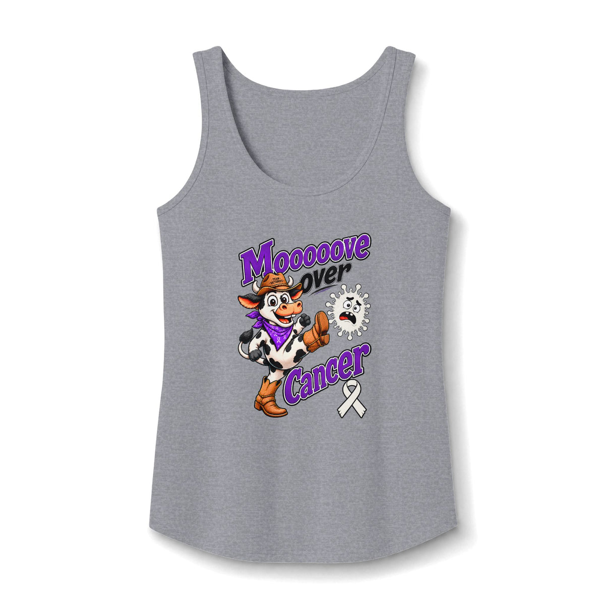 Moooove Over Cancer heather gray tank top with Lung Cancer awareness ribbon