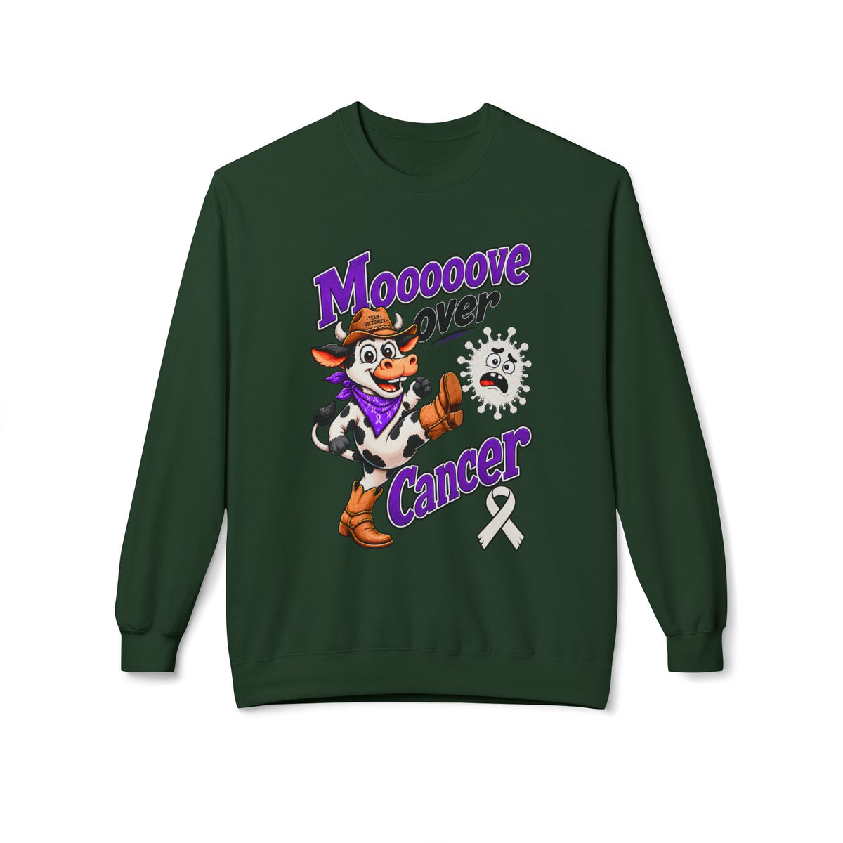 Tan Moooove Over Cancer sweatshirt with western cow graphic and Lung Cancer awareness ribbon