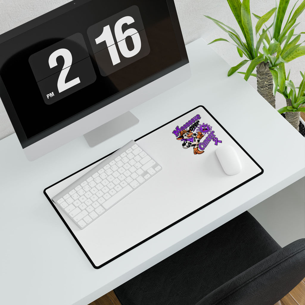 Moooove Over Cancer desk mat setup showing Pancreatic Cancer awareness ribbon artwork