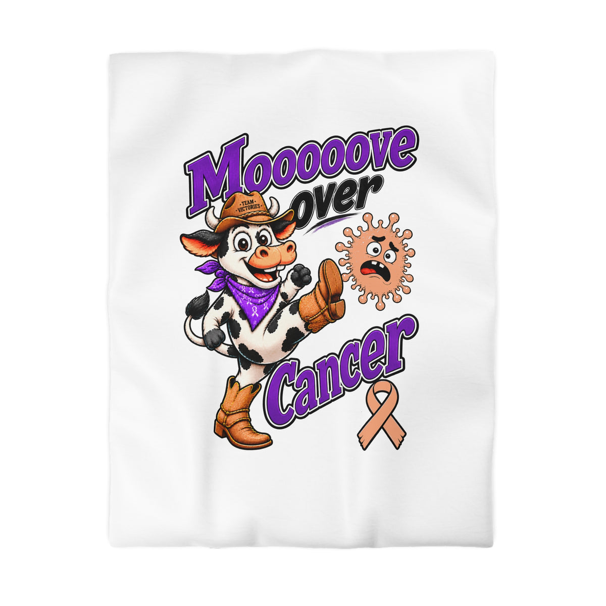 Moooove Over Cancer microfiber duvet cover with colorful cow design and Uterine Cancer awareness ribbon
