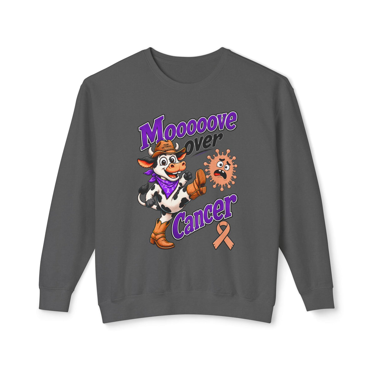 Cream Moooove Over Cancer sweatshirt with Uterine Cancer awareness ribbon graphic