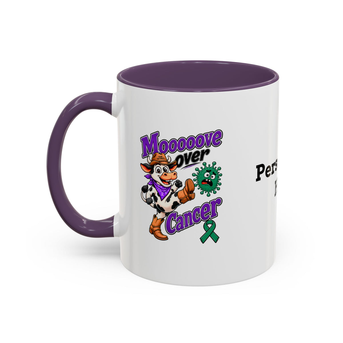 Moooove Over Cancer mug with a purple accent and Team Victories ribbon design