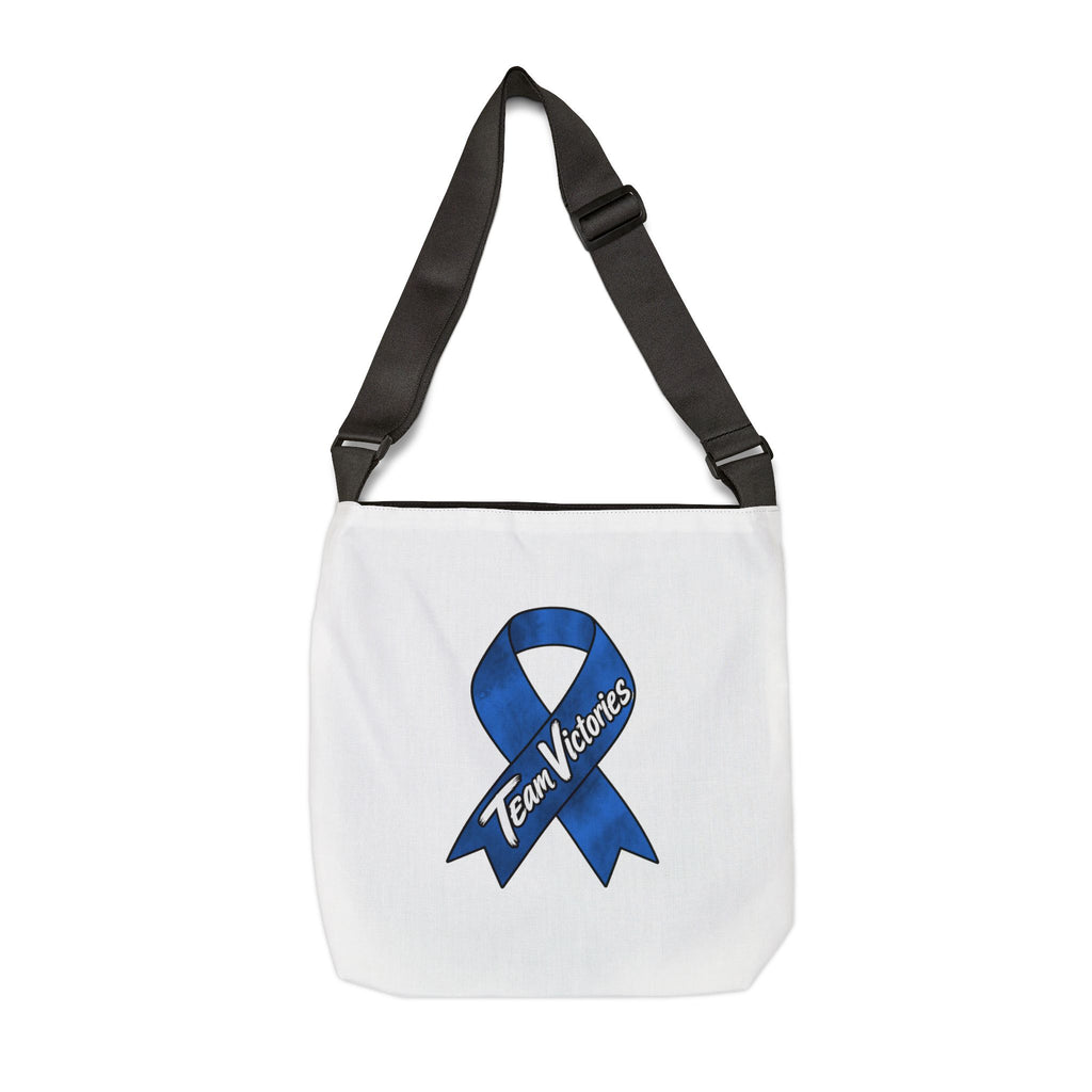 Close view of Team Victories blue ribbon design on the tote back