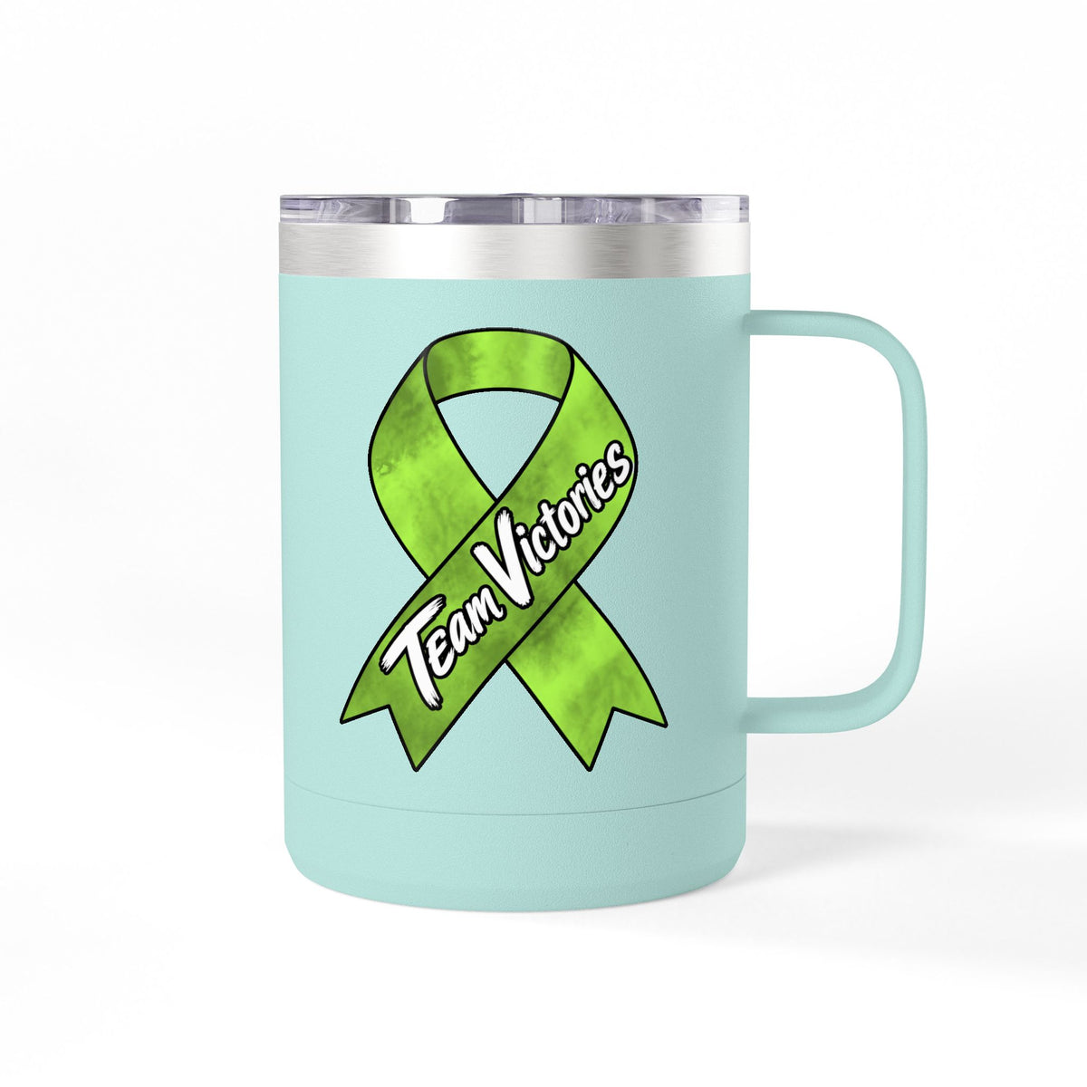 Aqua Team Victories mug with Non-Hodgkin/Lymphoma Cancer awareness ribbon