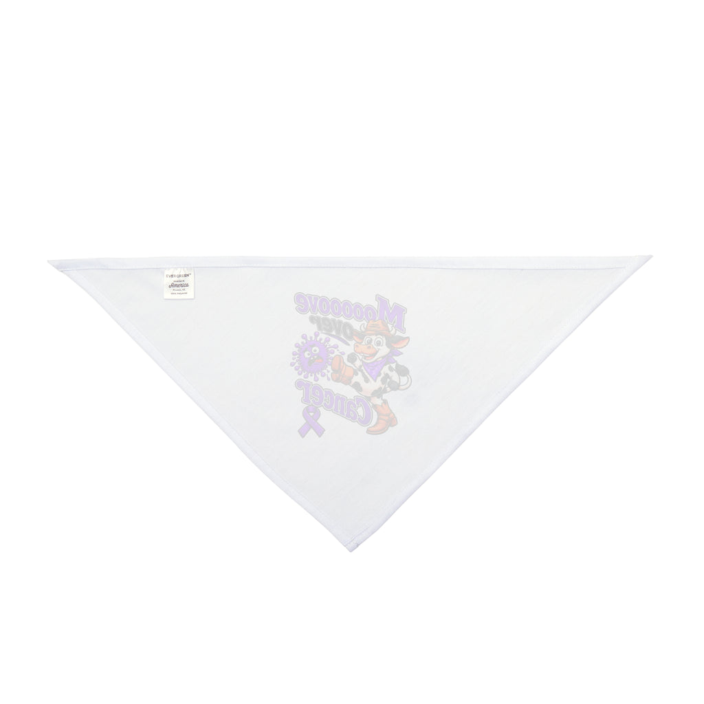 Back view of white Moooove Over Cancer pet bandana with Pancreatic Cancer awareness ribbon