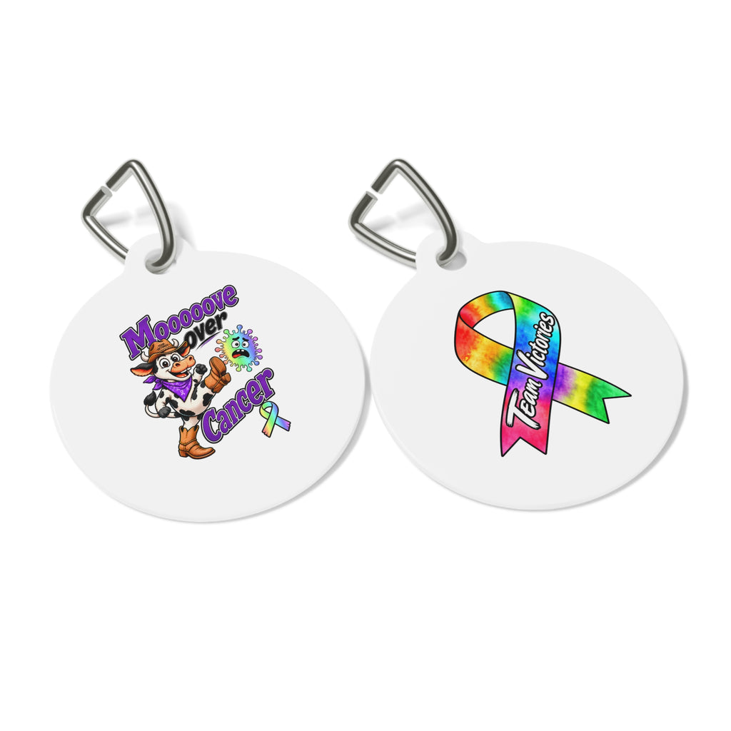 Two-sided Moooove Over Cancer pet ID tag showing the Team Victories all-cancer awareness ribbon