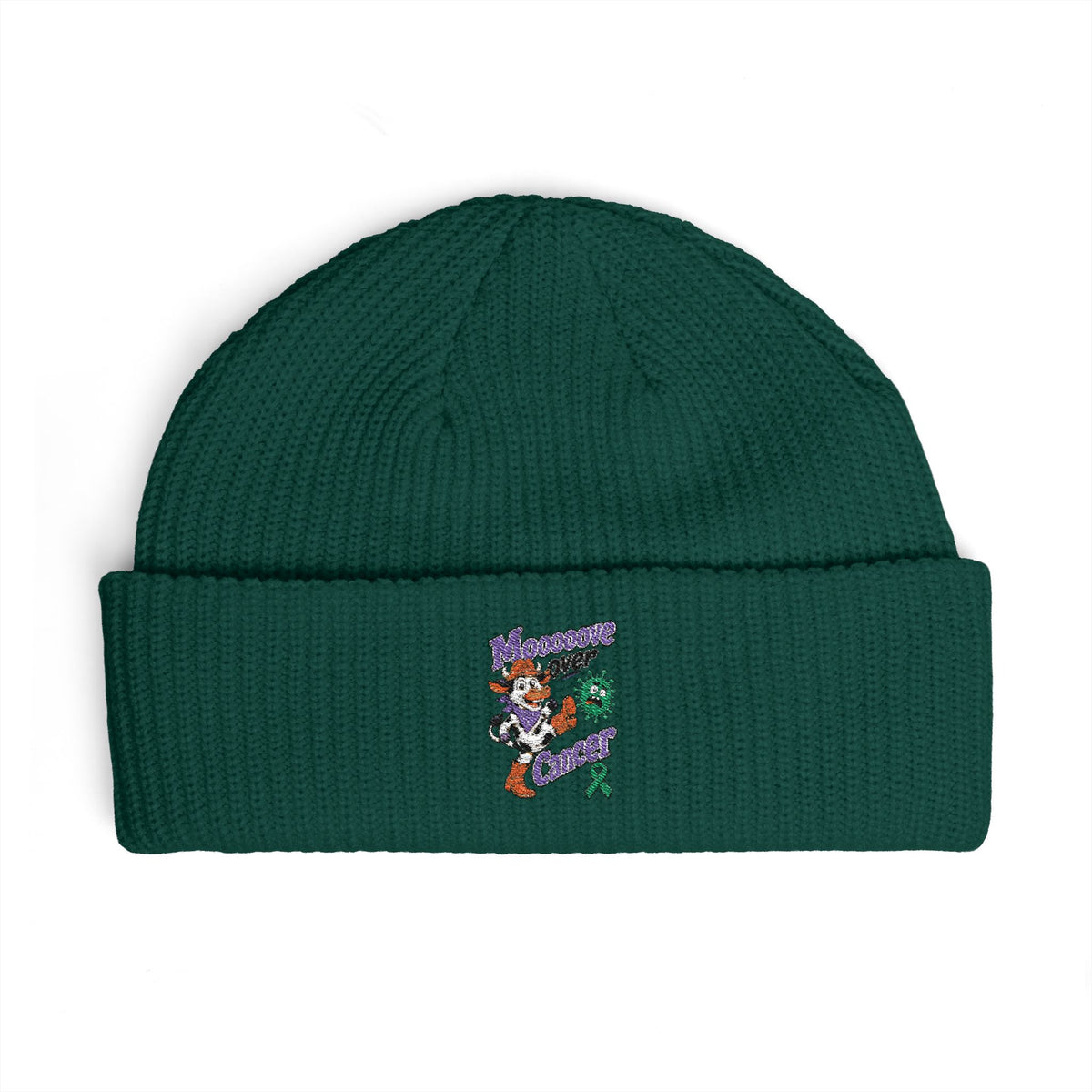 Blue-gray Moooove Over Cancer embroidered cuff beanie with front ribbon artwork