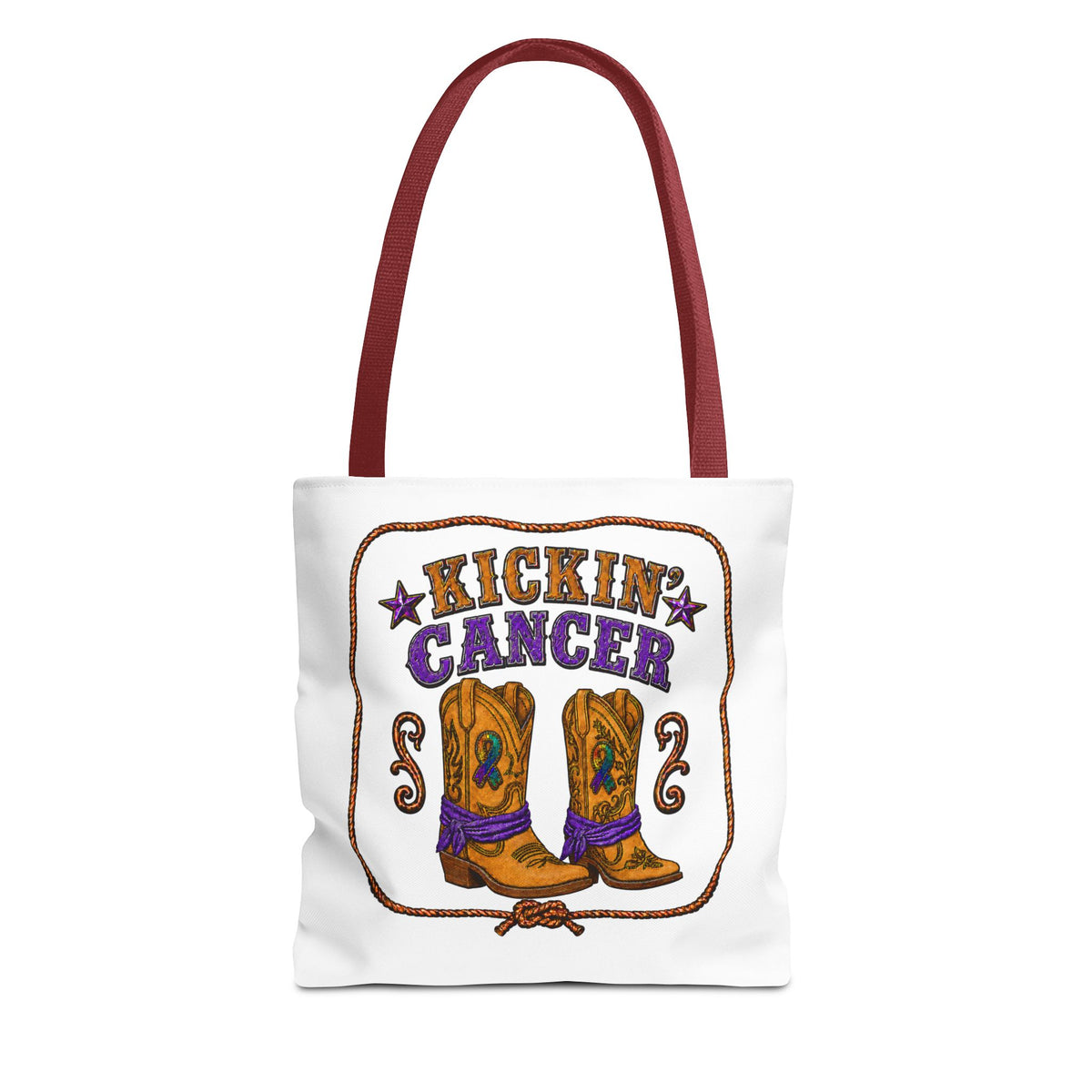 Kickin' Cancer tote bag with cowboy boot design and red handles
