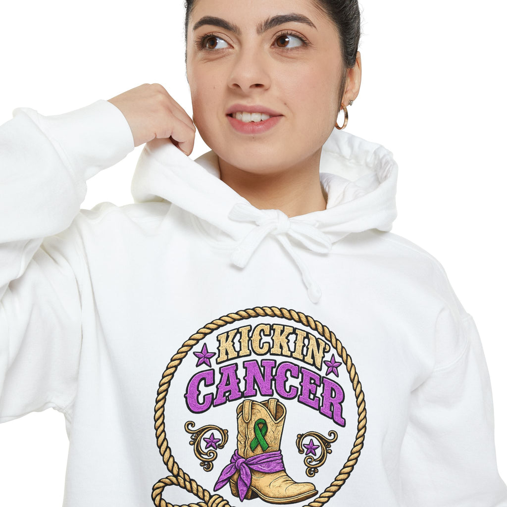Close-up of purple-and-gold Kickin Cancer graphic on a white hoodie