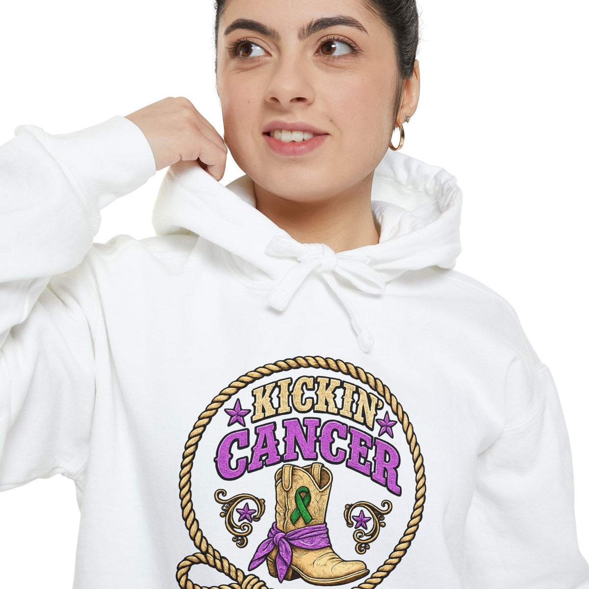 Close-up of purple-and-gold Kickin Cancer graphic on a white hoodie
