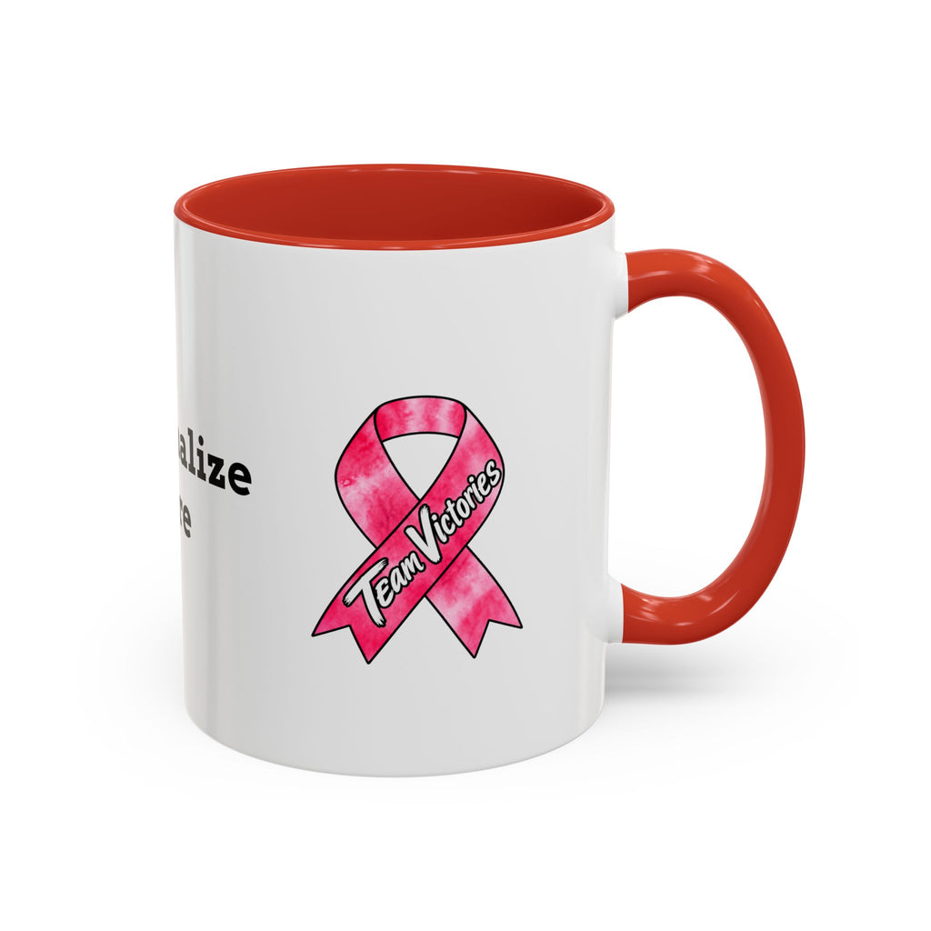 Moooove Over Cancer mug with blue handle and Team Victories Breast Cancer ribbon artwork