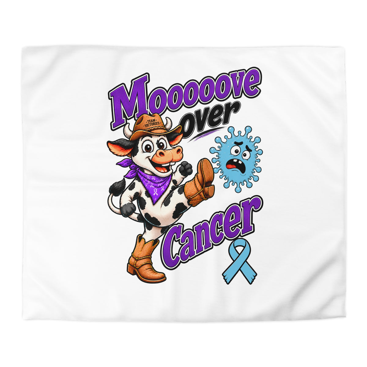 Moooove Over Cancer cow character design on a white Prostate Cancer awareness duvet cover