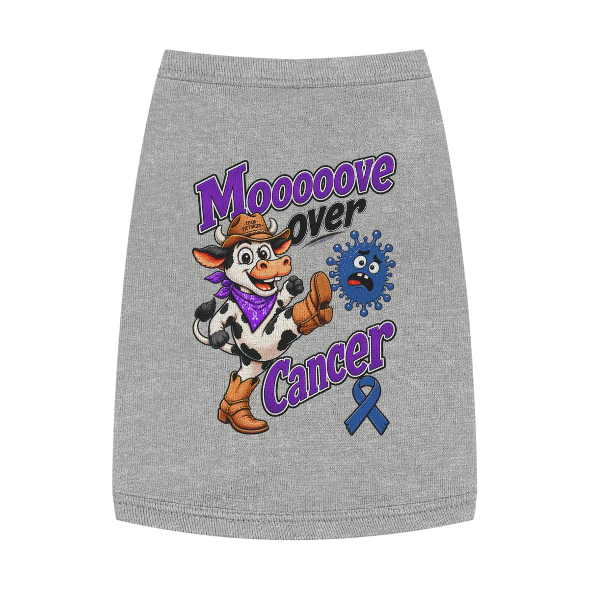 Gray Moooove Over Cancer pet tank top with Colon Cancer awareness ribbon