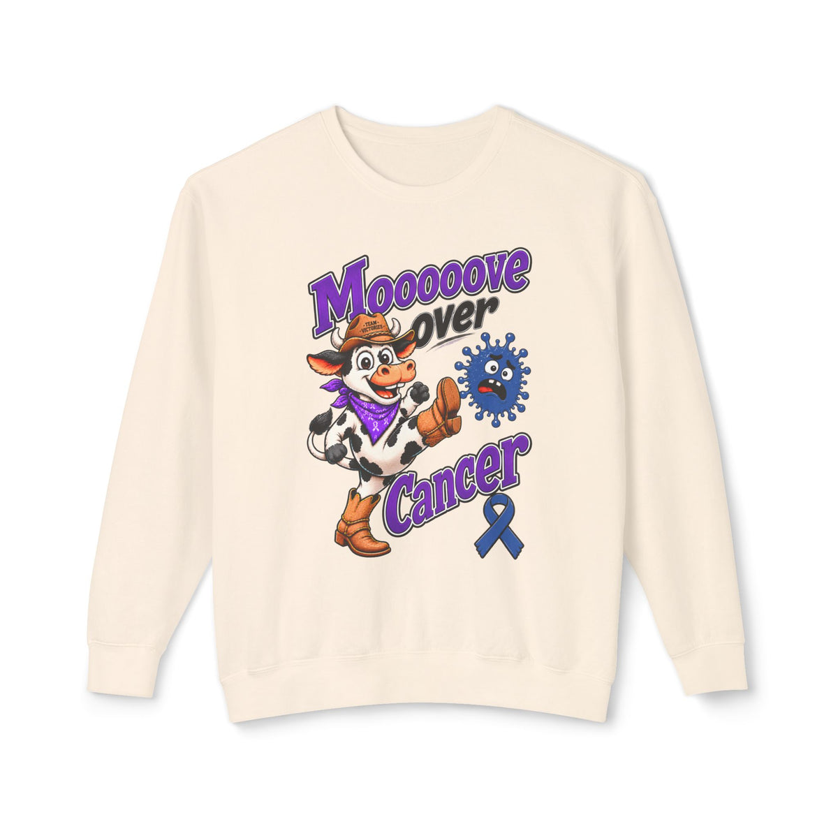 Moooove Over Cancer cow graphic sweatshirt with Colon Cancer awareness ribbon in cream