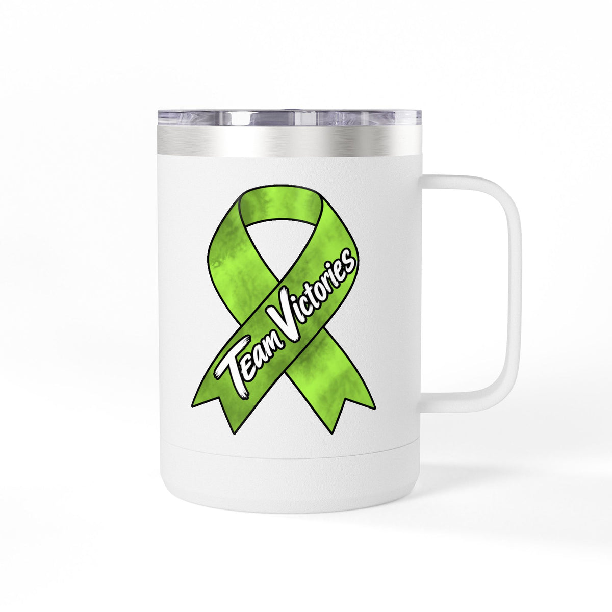 White mug showing Team Victories design and Non-Hodgkin/Lymphoma Cancer awareness ribbon