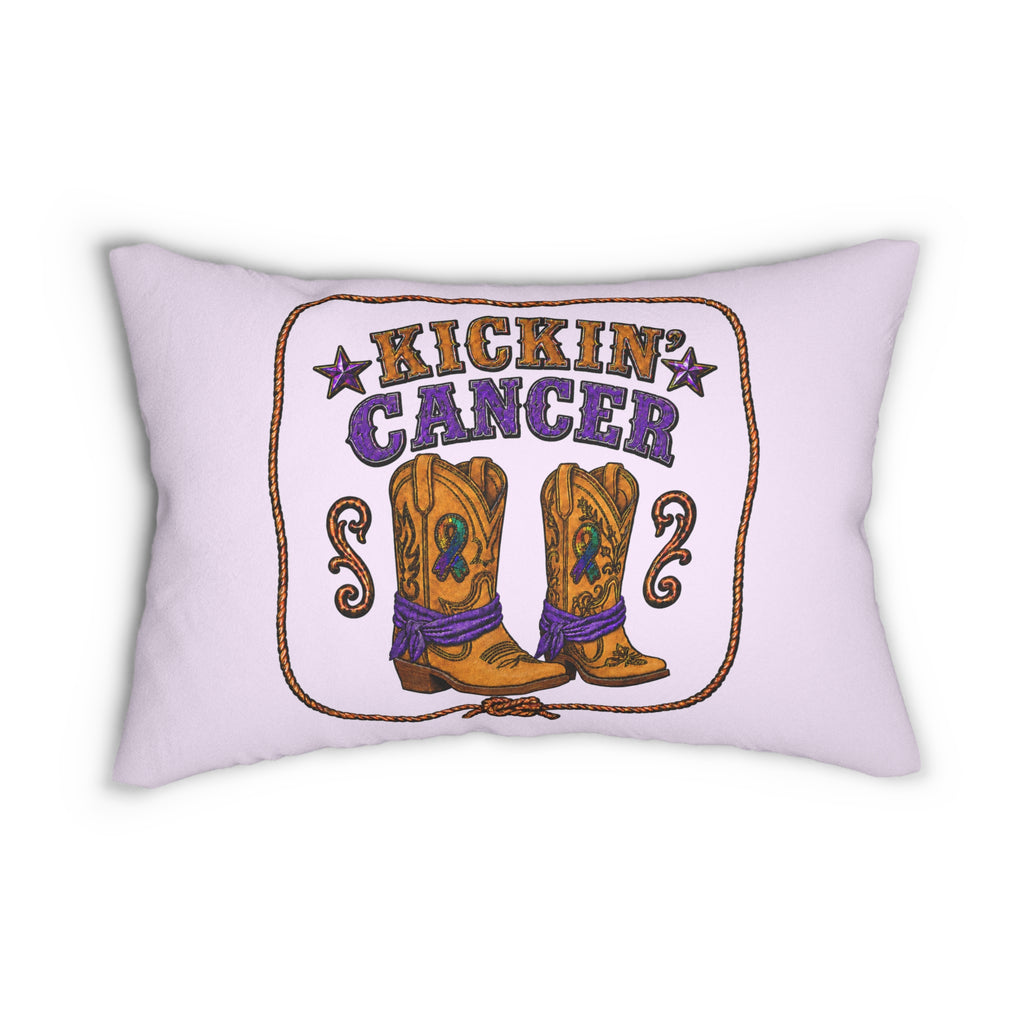 Kickin' Cancer 14 x 20 lumbar pillow with western boot artwork on a lavender cover