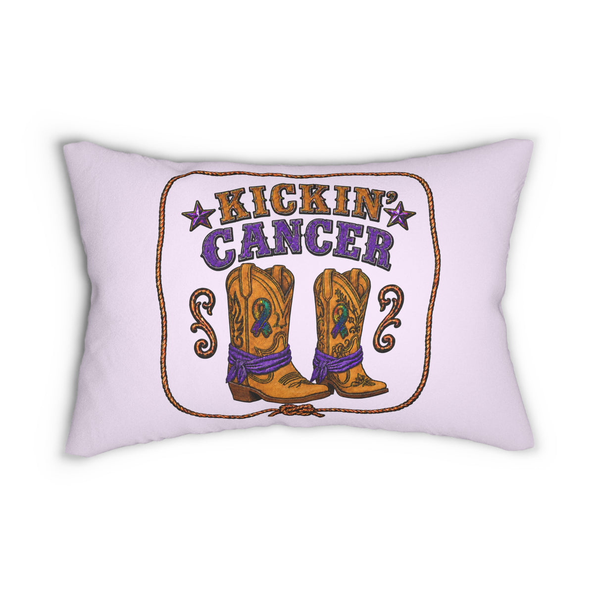 Kickin' Cancer 14 x 20 lumbar pillow with western boot artwork on a lavender cover