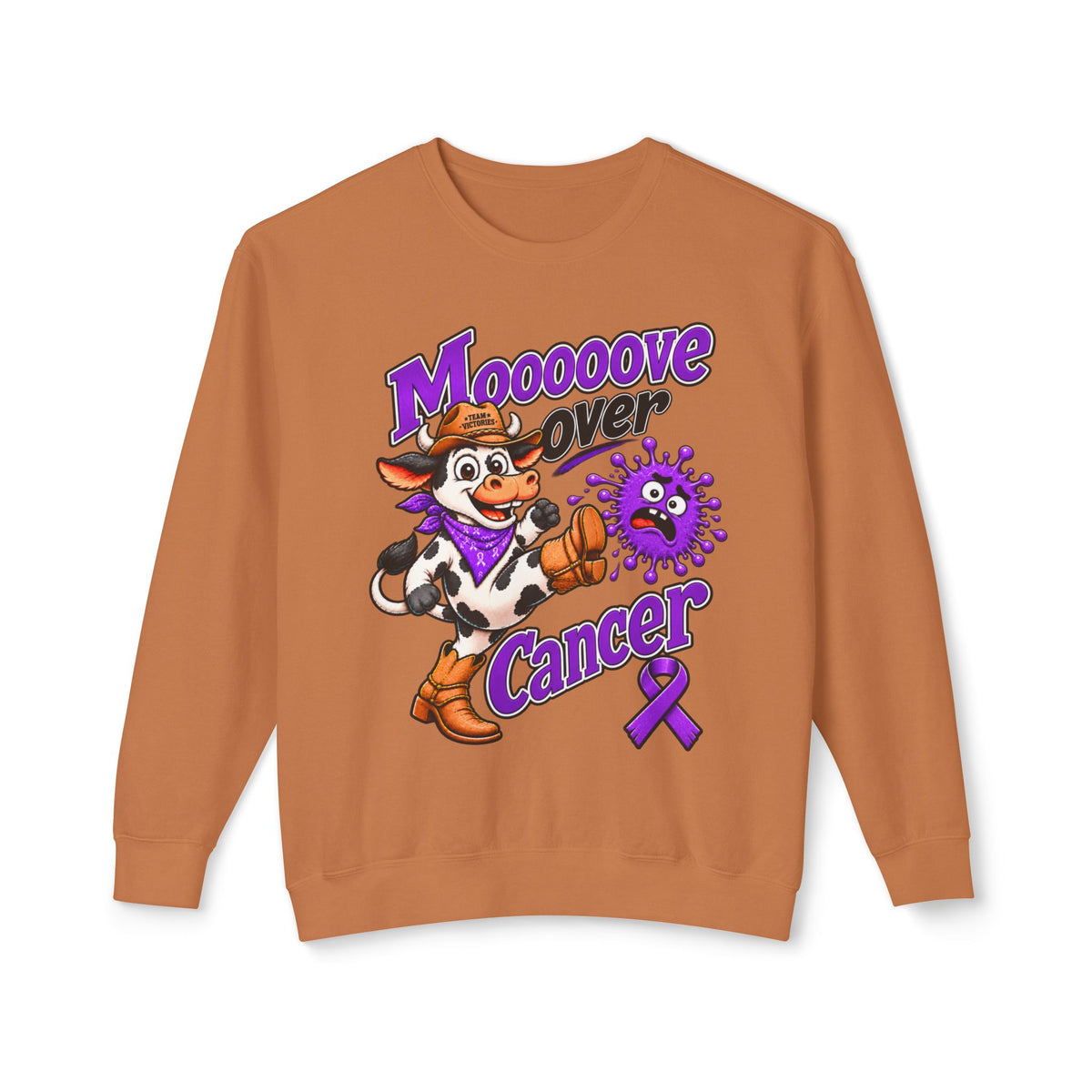 Side view of Moooove Over Cancer crewneck sweatshirt showing the long sleeve fit